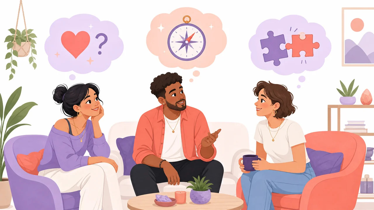 Three characters with thought bubbles showing reasons for choosing open relationships
