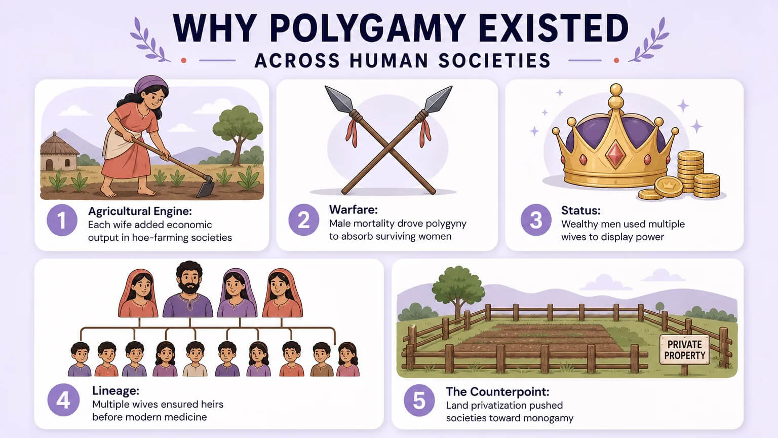 Five-card framework showing the drivers of polygamy: agriculture, warfare, status, lineage, and land