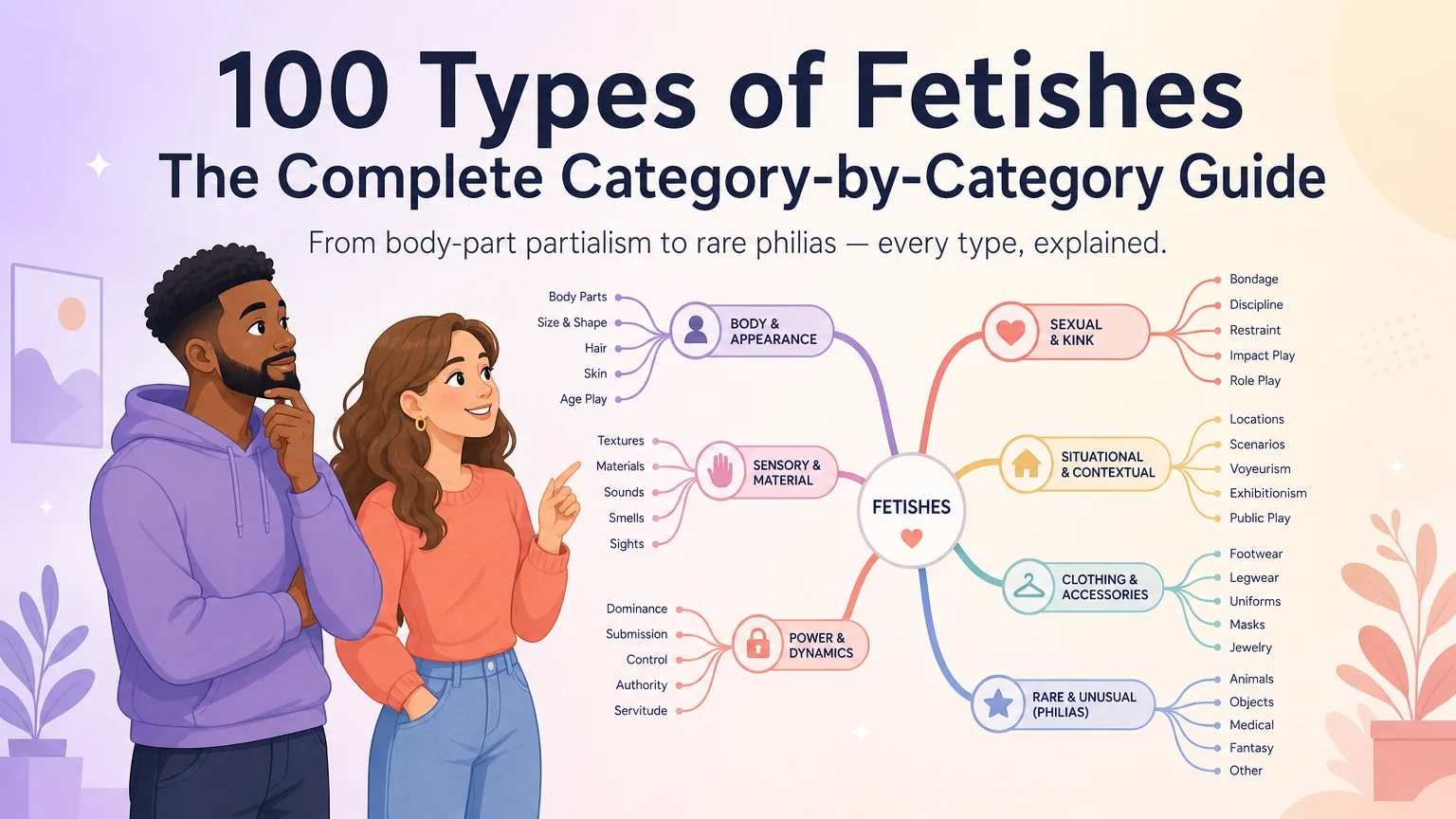 100 Types of Fetishes cover — two people exploring a colorful taxonomy map together