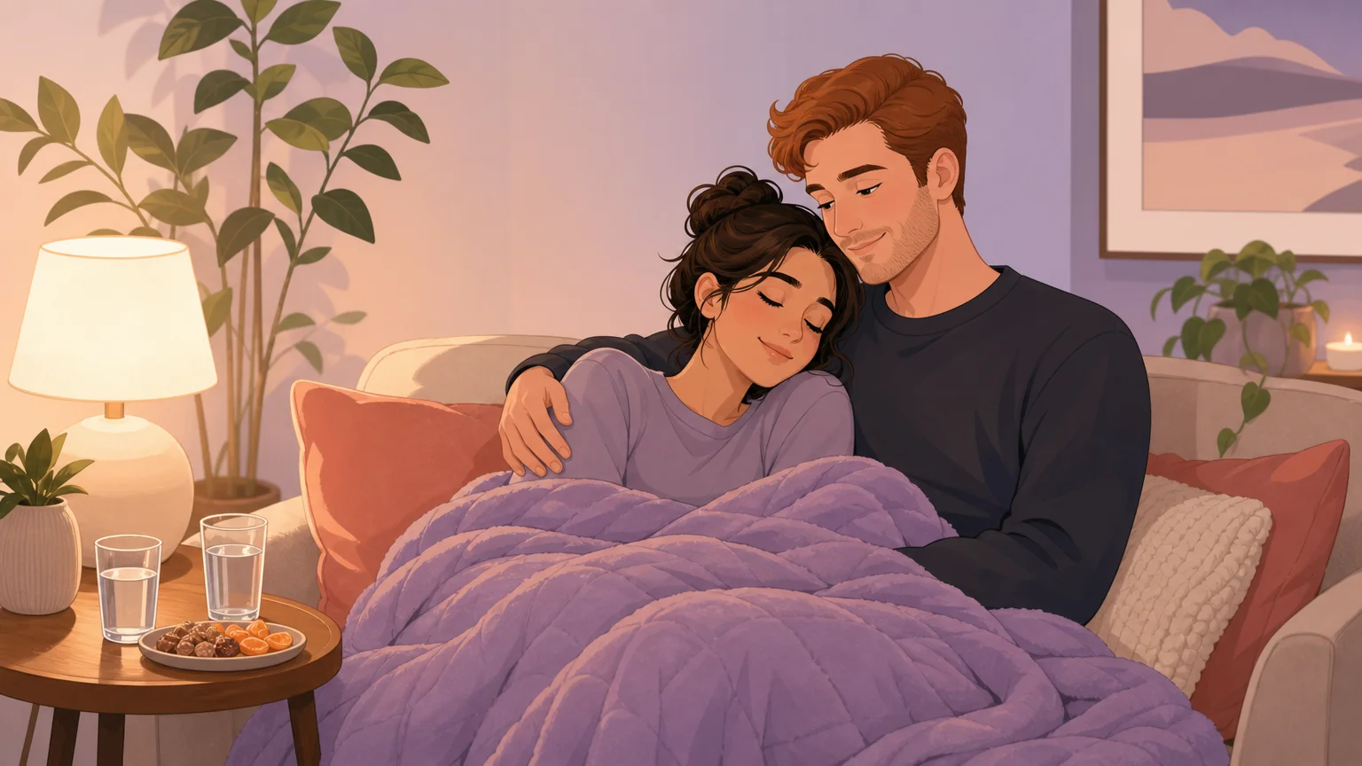 A couple resting together under a weighted blanket in a warm, safe aftercare moment