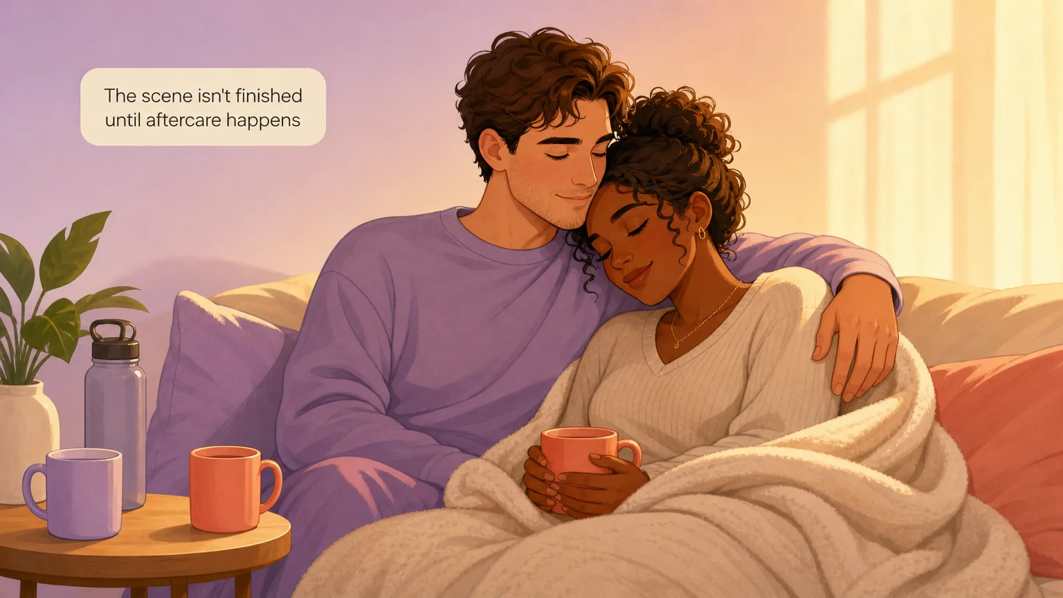 Two partners wrapped in a blanket together — the quiet intimacy of aftercare