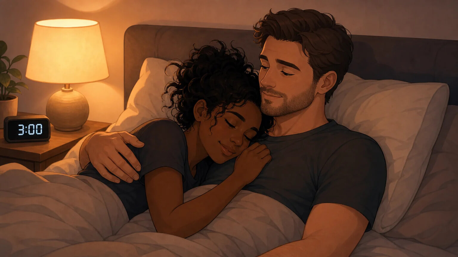 A couple reconnecting in bed at 3am, the tender moment of coming back together after an encounter