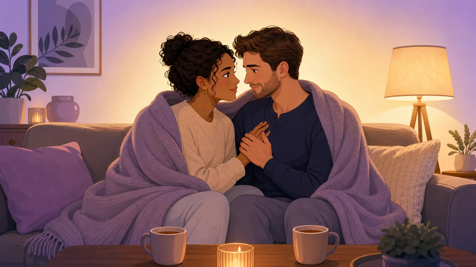 A couple reconnecting on a sofa in warm evening light, sharing a tender moment of emotional safety