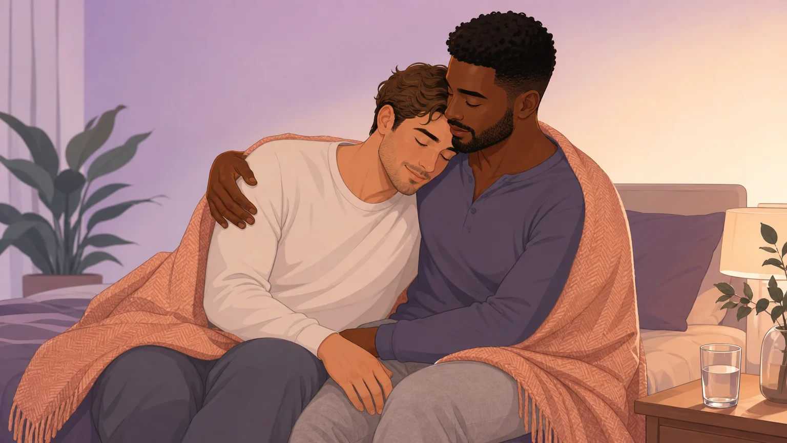 Two adults in a tender aftercare moment — sitting together on the edge of a bed, one holding the other, warm blankets and quiet safety