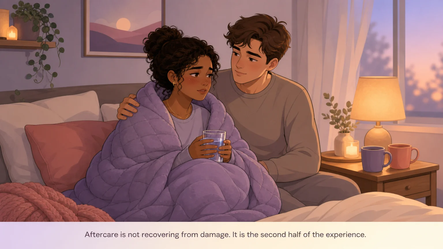 A tender aftercare moment — one character wrapped in a weighted blanket, their partner close by with a calming hand, warm low light
