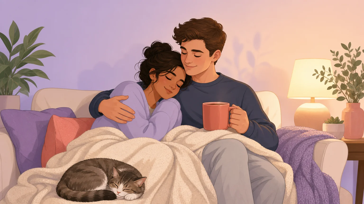 Two people cuddling under a warm blanket on a soft couch, peaceful and safe — the quiet intimacy of aftercare