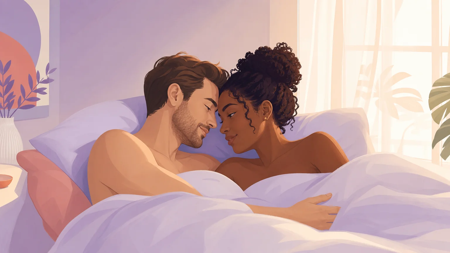 Two people lying close in bed under a soft duvet, foreheads nearly touching in peaceful afterglow