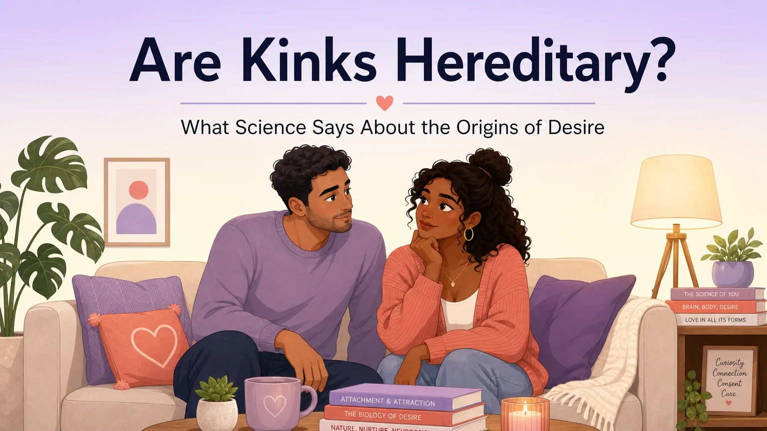 Are Kinks Hereditary cover image — a couple having a quiet intimate conversation on a couch, warm lamplight, soft pastel gradient background