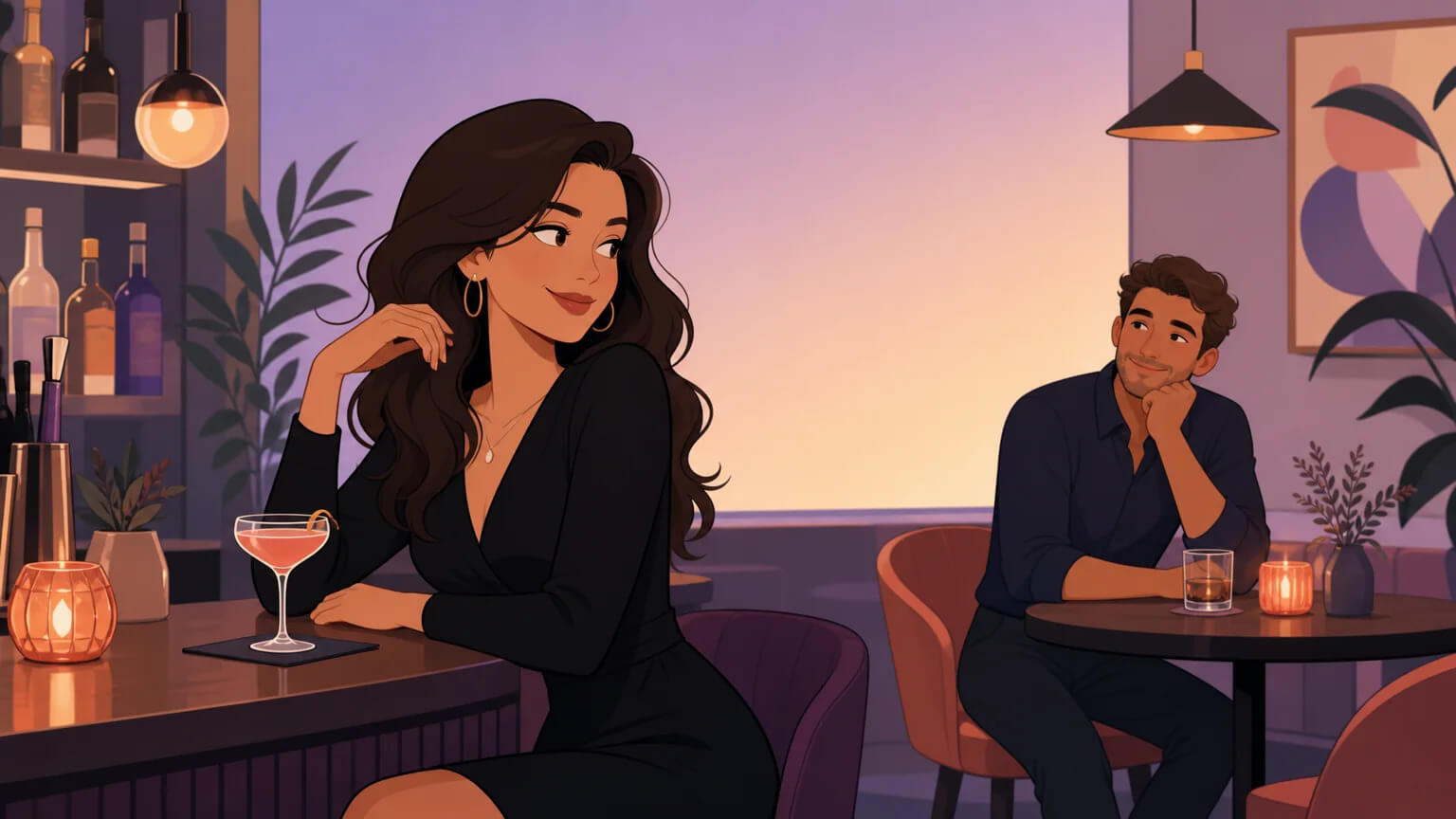 A woman sits at a bar, relaxed and confident, while her partner watches from across the room with a knowing expression