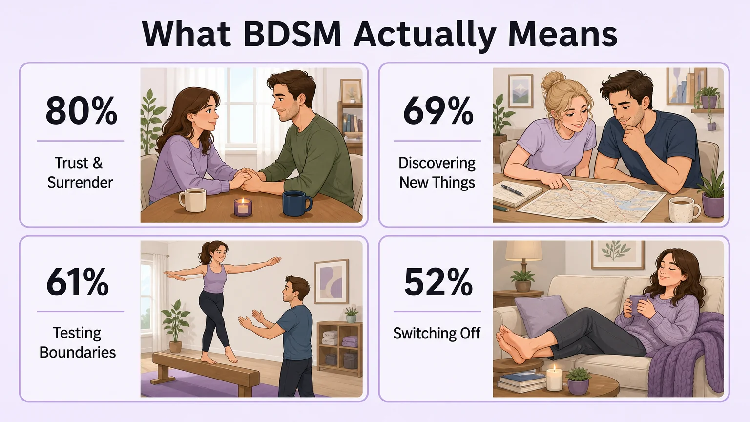 What BDSM actually means to practitioners — a framework showing Trust and Surrender (80%), Discovering New Things (69%), Testing Boundaries (61%), and Switching Off (52%)