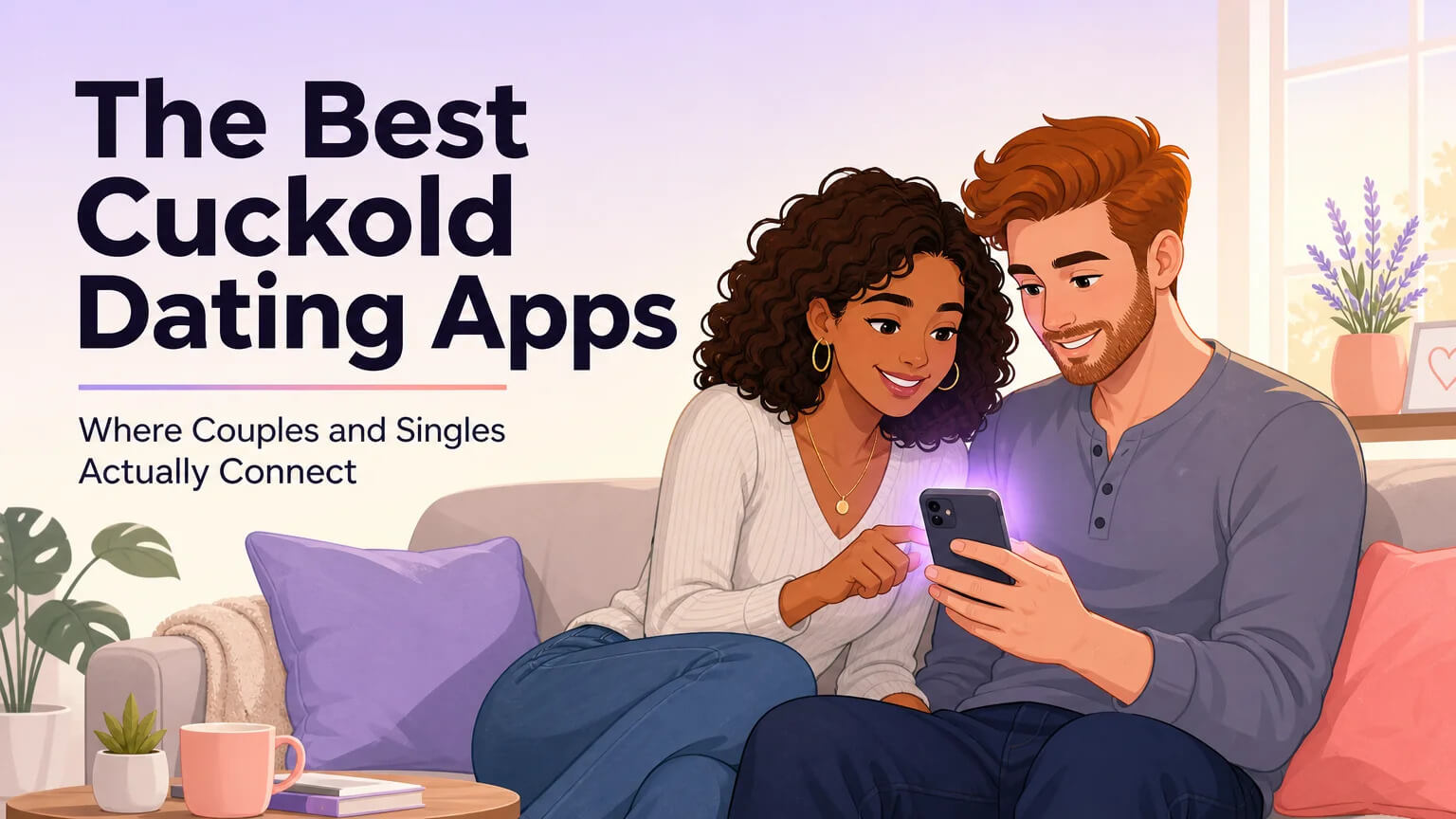 Featured cover image for The Best Cuckold Dating Apps article — a couple exploring dating apps together on a sofa