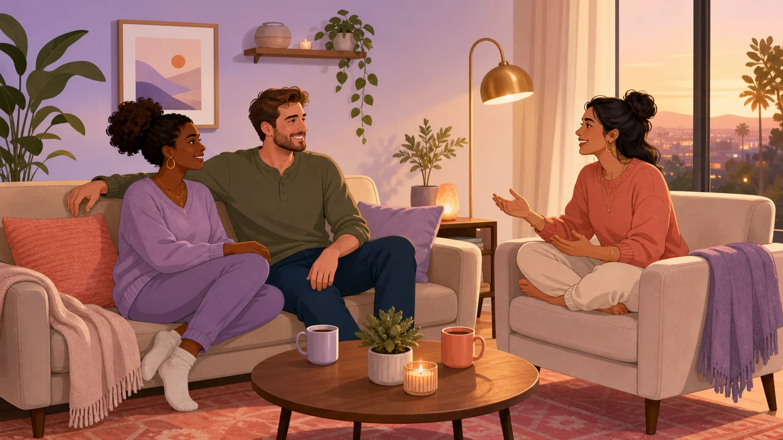 Three people having an open conversation in a living room — the communication that makes group breeding dynamics work