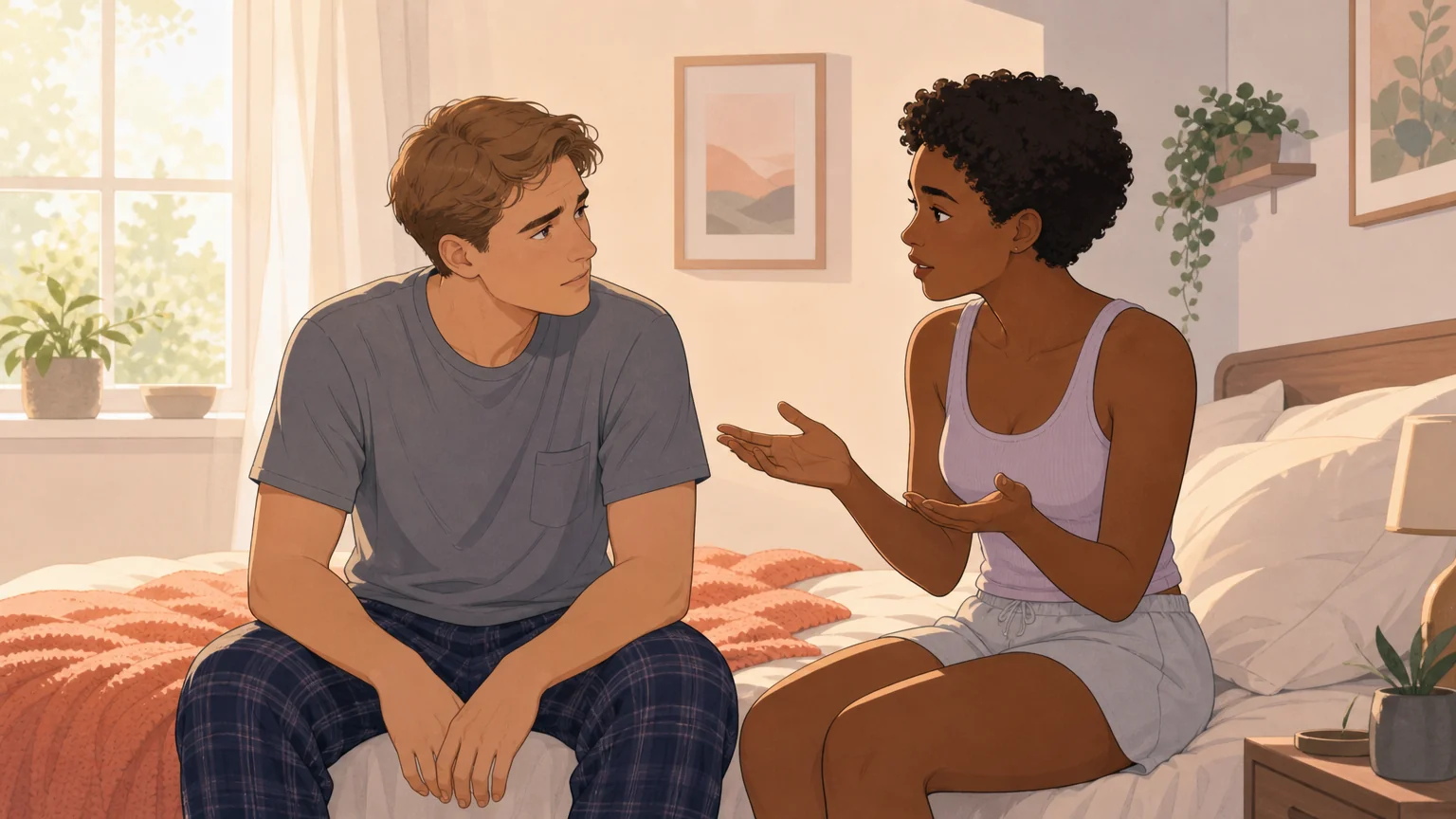 A couple having a tender morning conversation on the edge of the bed — the clarification talk that prevents misunderstanding