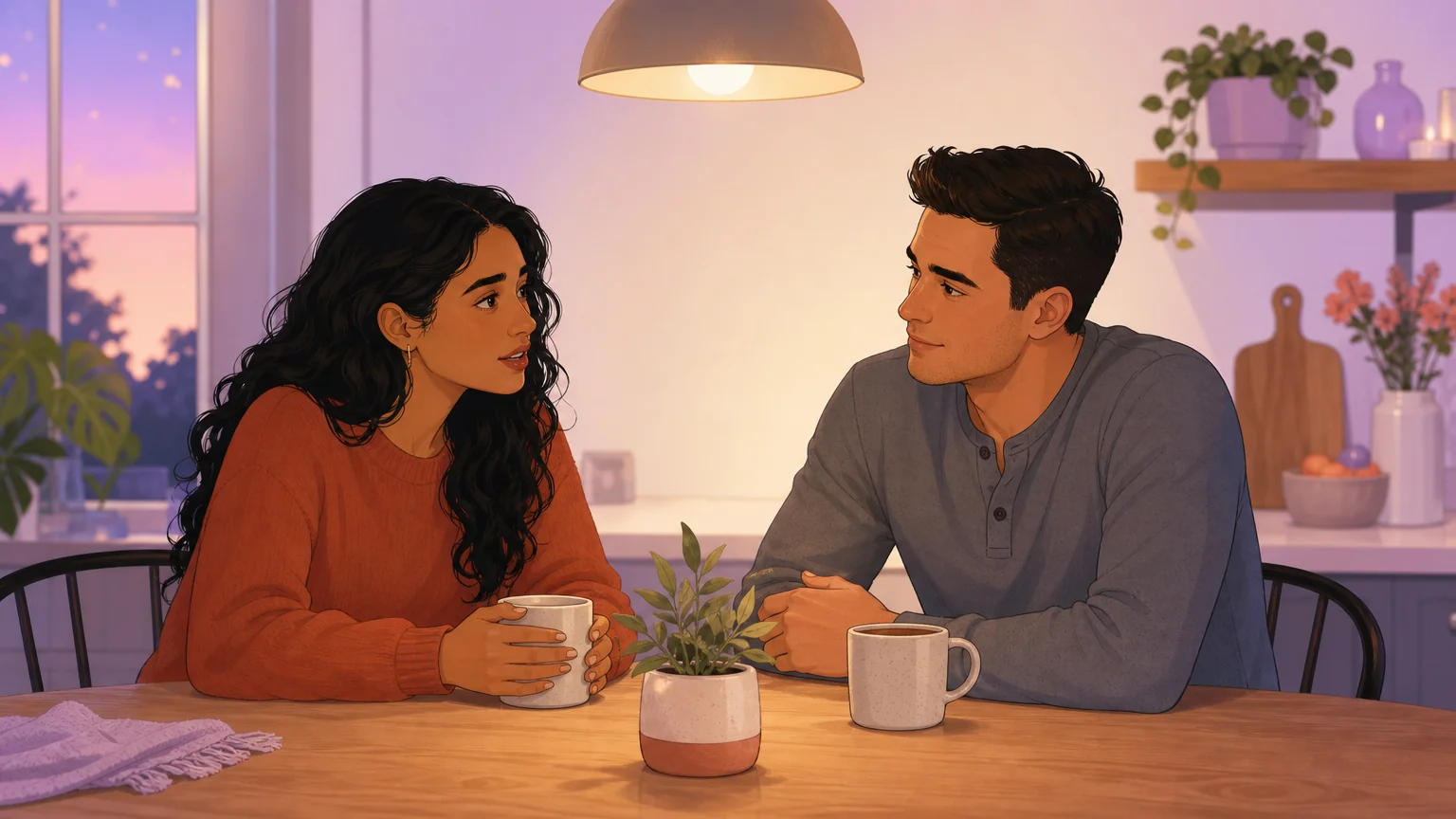 A couple sitting at a kitchen table in warm evening light, having an open and vulnerable conversation over mugs of tea