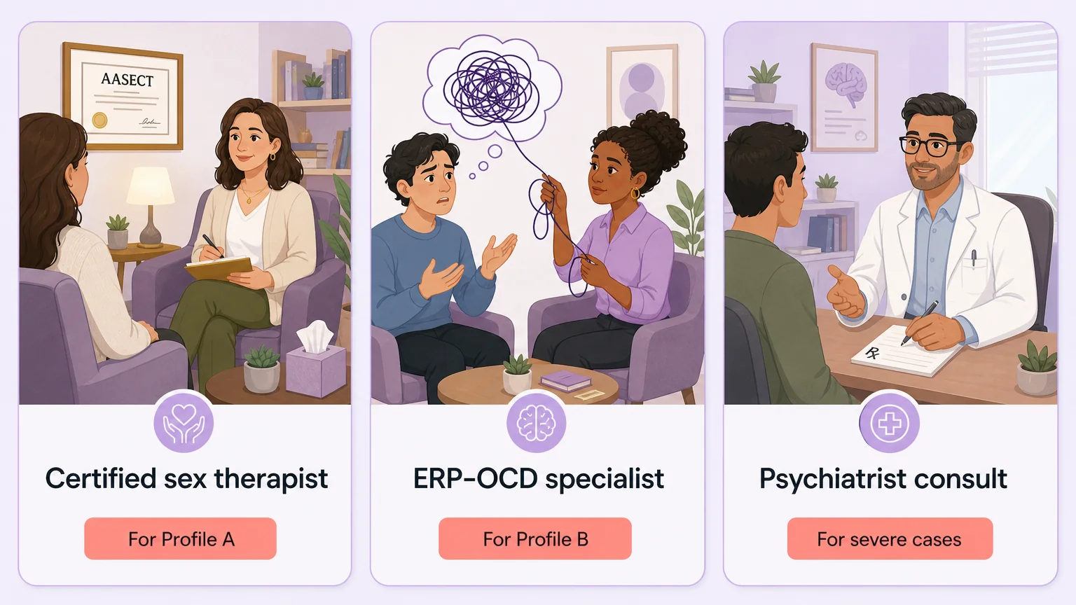 Choosing the right professional: certified sex therapist for Profile A, ERP-OCD specialist for Profile B, psychiatrist consult for severe cases