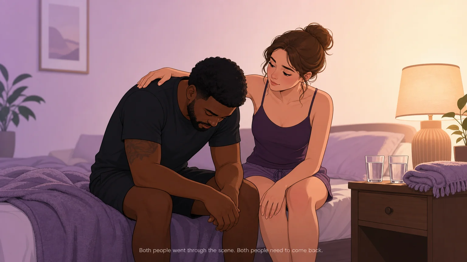 Aftercare is mutual — a tender post-scene moment where the submissive partner comforts the dominant, illustrating that both people went through the scene and both people need to come back