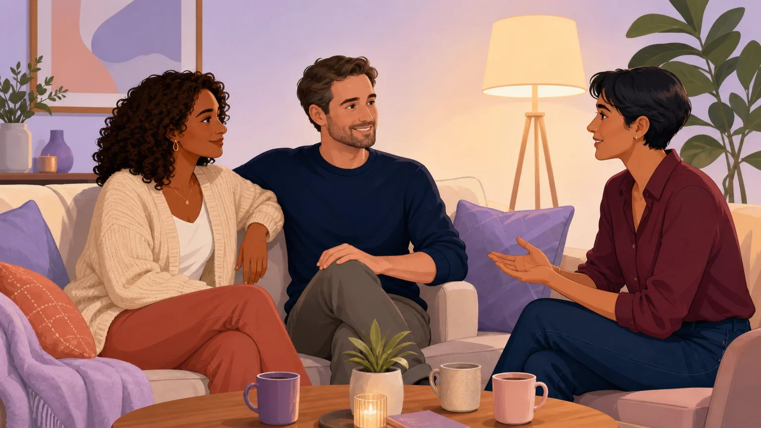 Three people in a cozy living room having a relaxed, respectful conversation — a couple and their single guest communicating openly