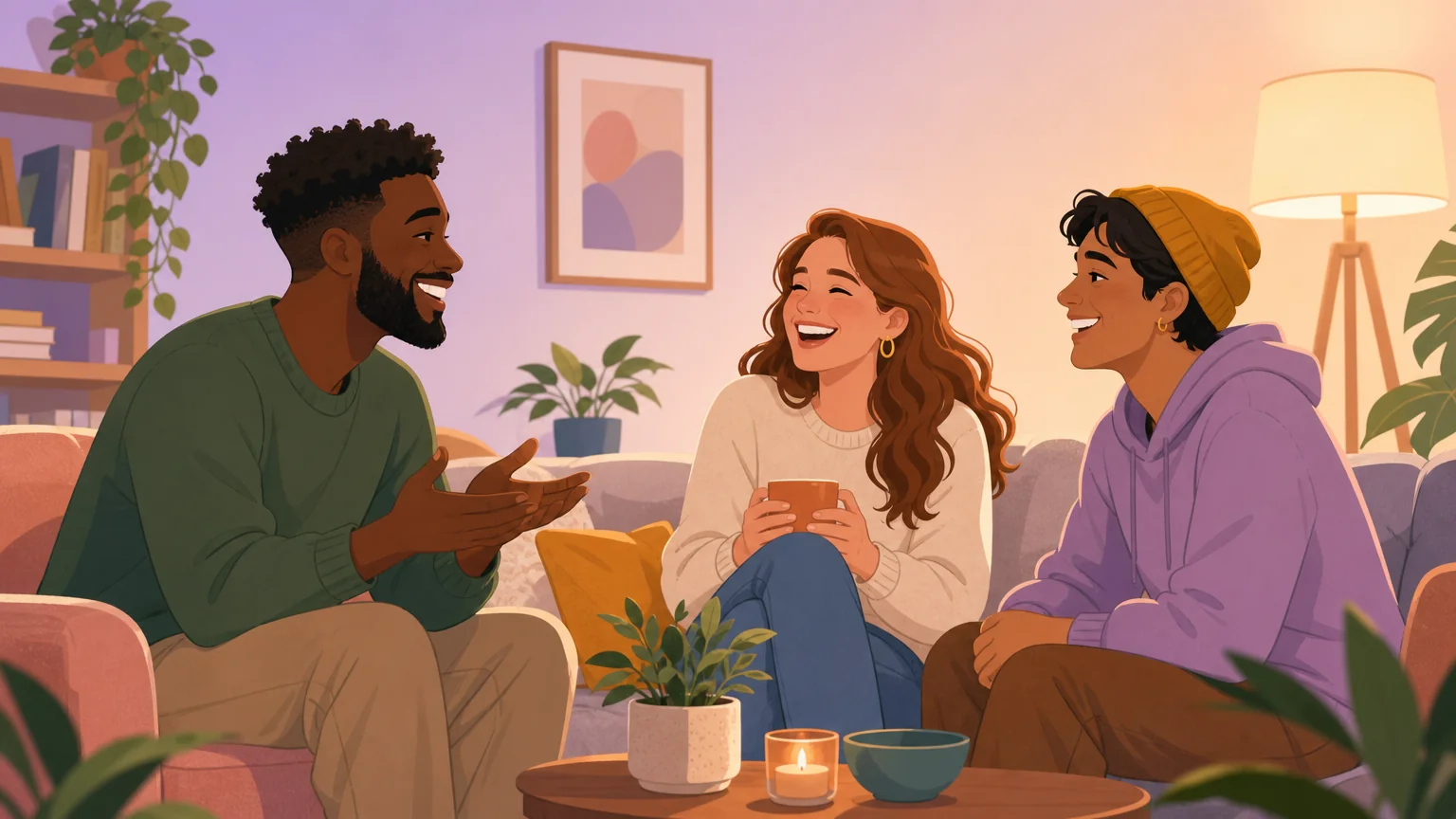 Three diverse friends laughing together in a cozy living room — warmth, acceptance, belonging