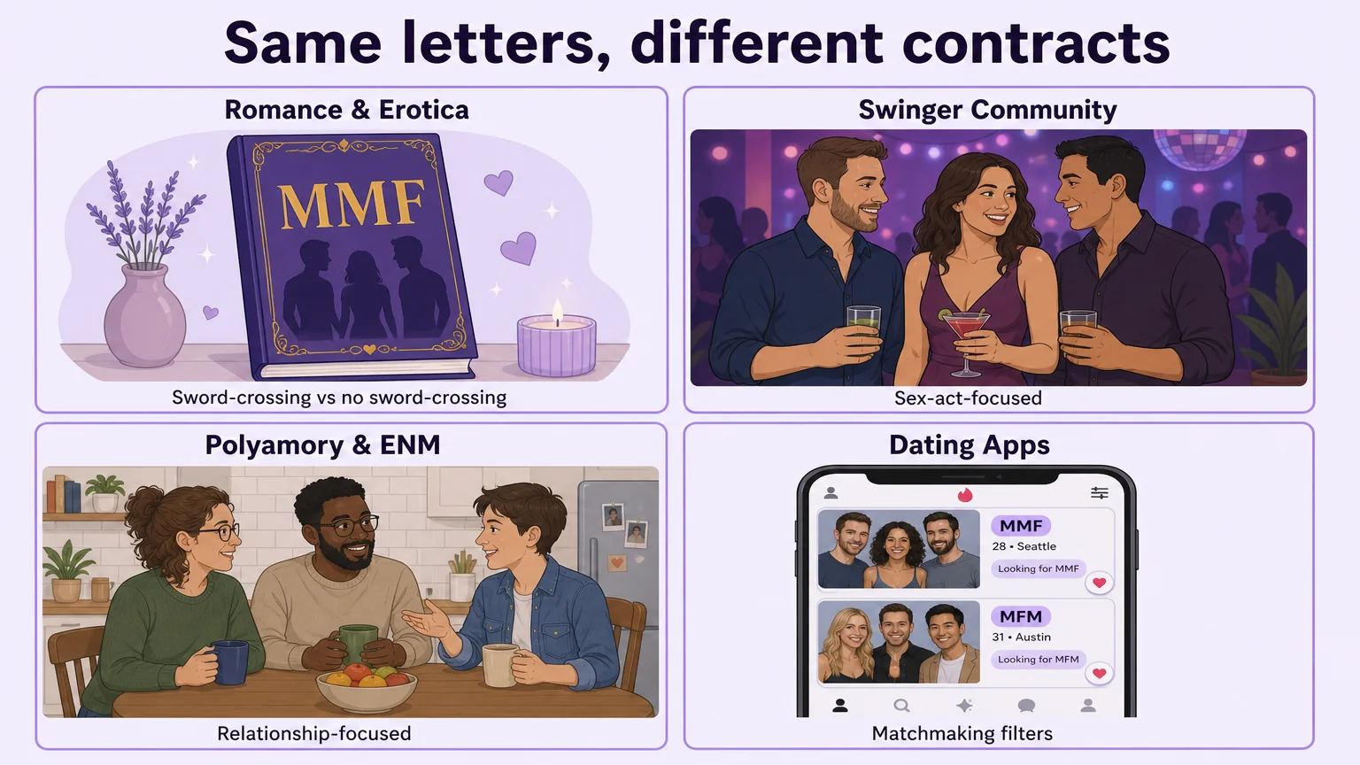 Four-panel grid showing how MMF and MFM mean different things in romance, swinger, polyamory, and dating app communities