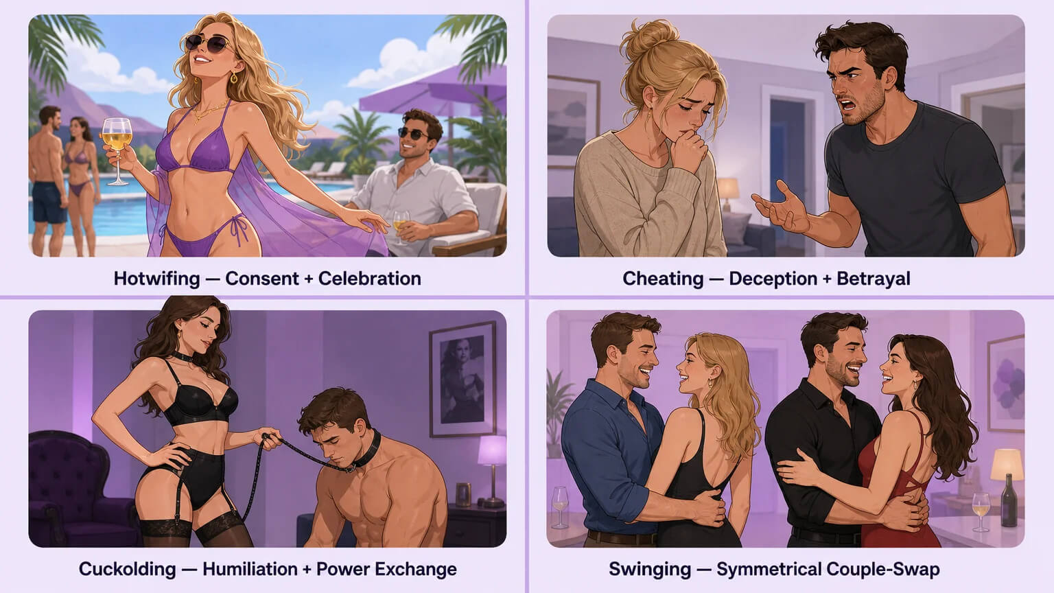 2x2 comparison grid of four relationship models: hotwifing, cheating, cuckolding, and swinging, each with a small illustrated scene and label