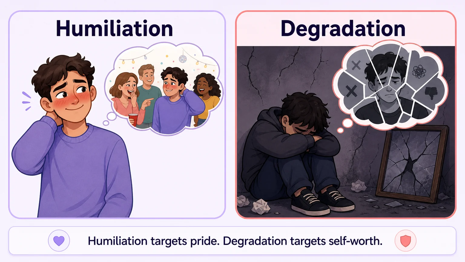 Side-by-side comparison of Humiliation vs Degradation — humiliation targets pride and social standing, degradation targets core self-worth