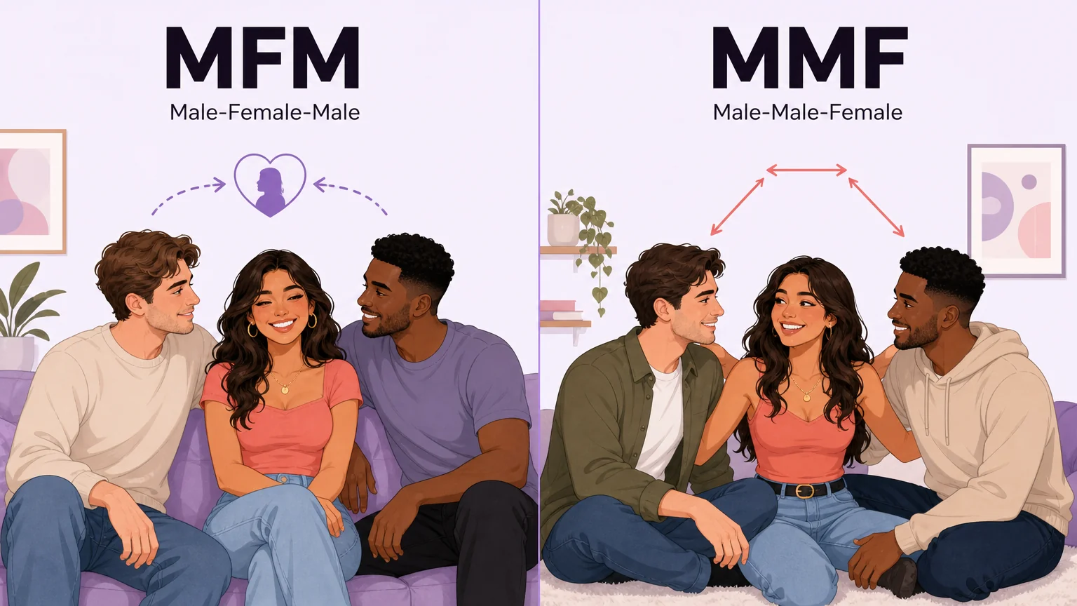 Side-by-side comparison of MFM and MMF threesome dynamics with labeled panels