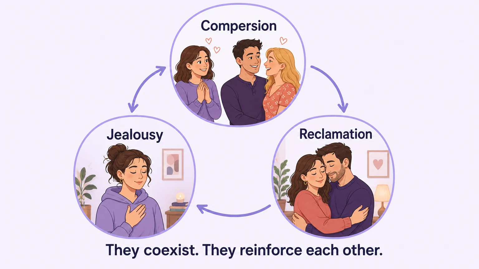 Triad diagram showing compersion, jealousy, and reclamation as interconnected emotional forces