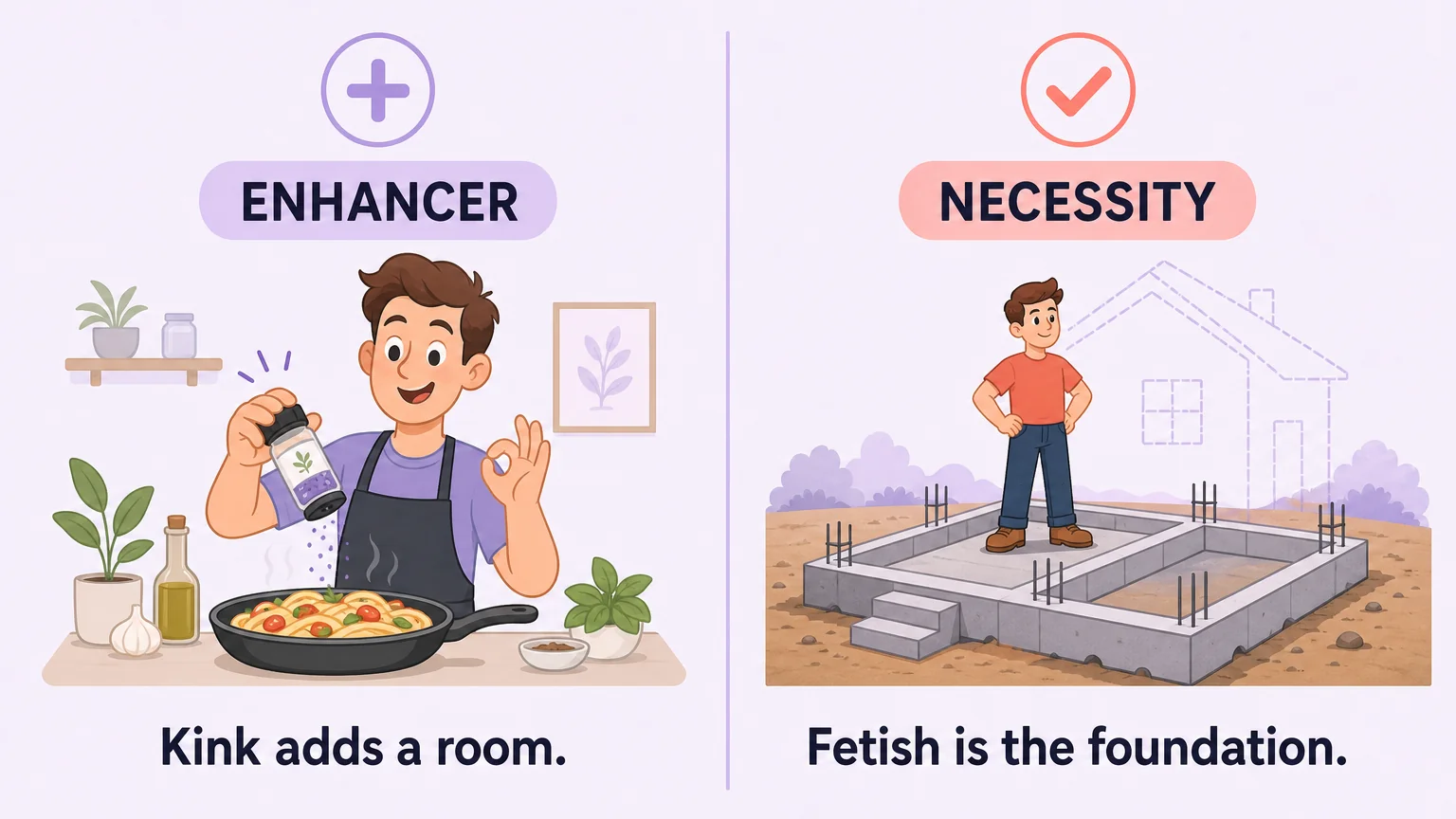 Enhancer versus necessity — kink adds a room, fetish is the foundation