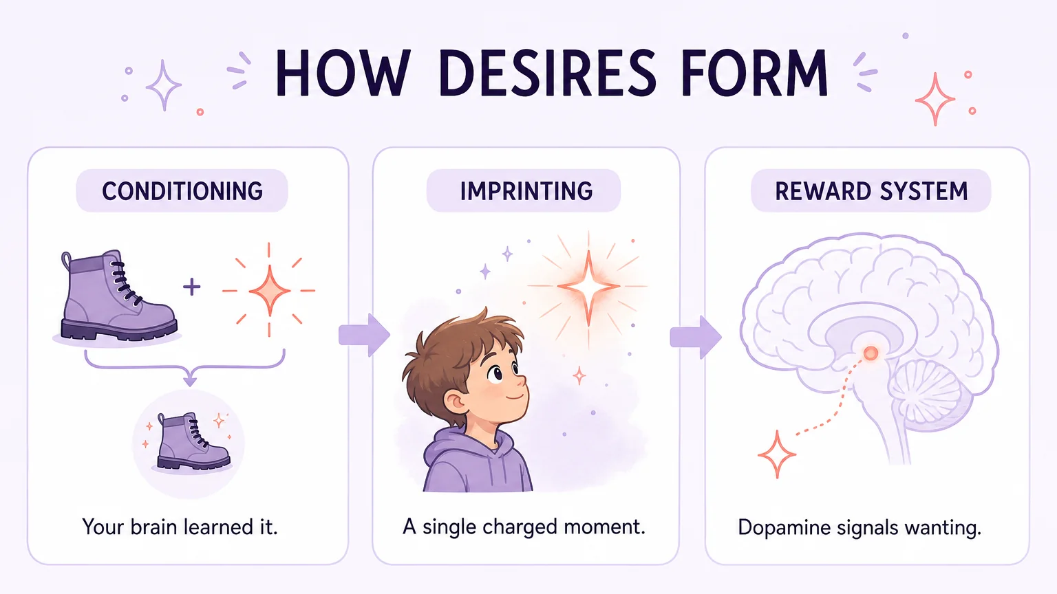 Three pathways of desire formation — conditioning, imprinting, and the brain's reward system