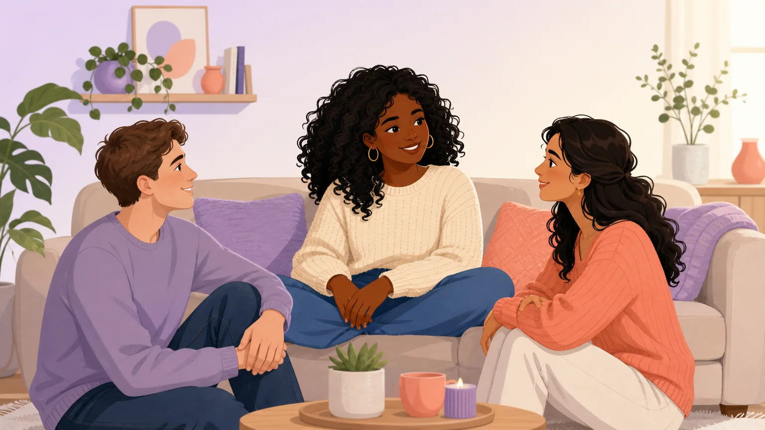 Three people sharing foot play in a warm group setting