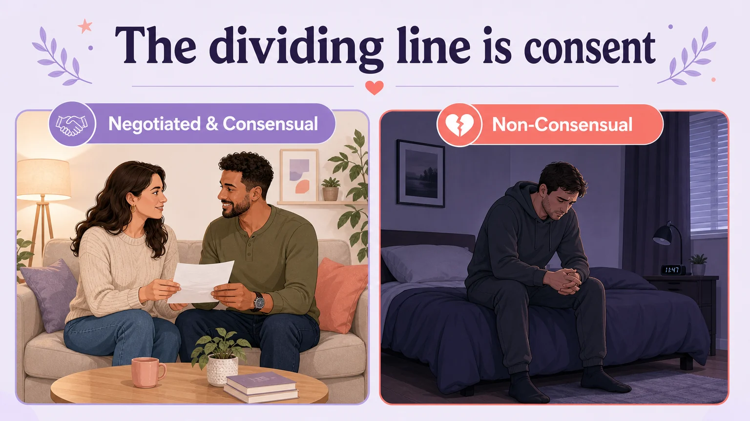 Two-panel comparison showing negotiated consensual communication versus non-consensual isolation — the dividing line is consent