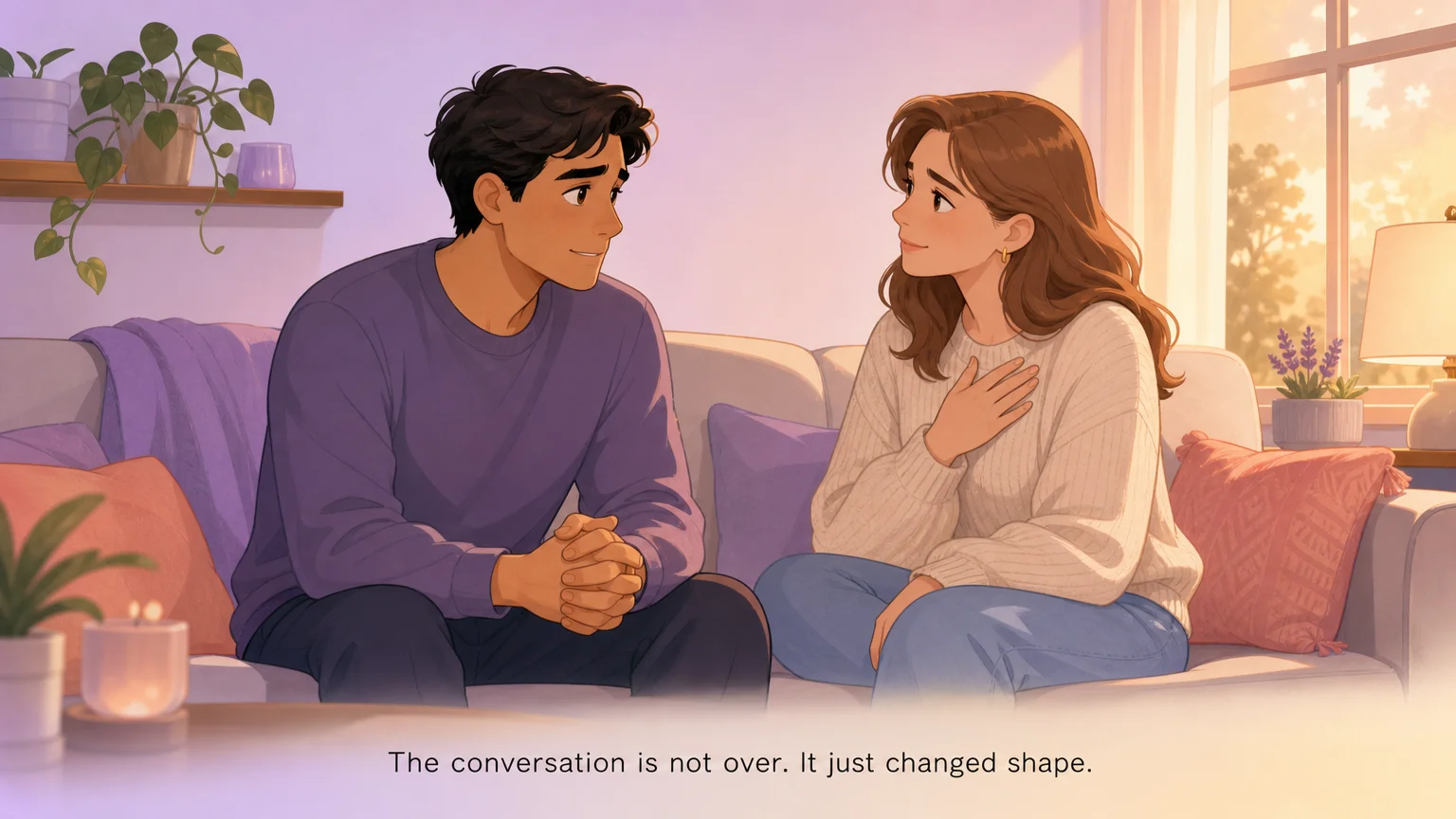 Two people on a couch in a tender, difficult conversation — one sharing vulnerably, the other listening