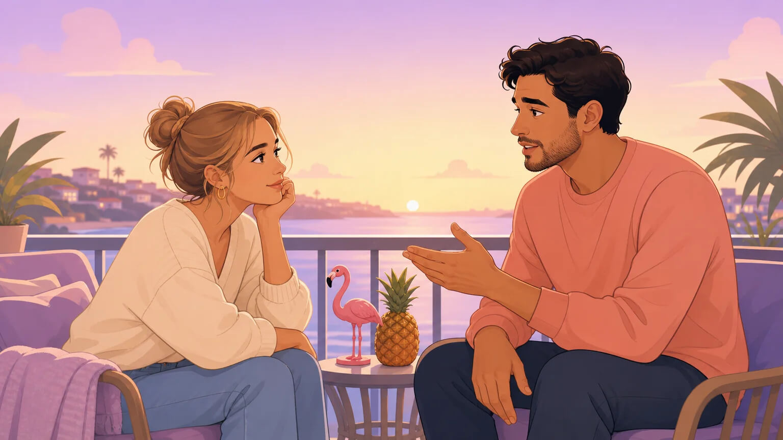 A couple having an honest, vulnerable conversation on a balcony at sunset — the kind of talk where real things get said