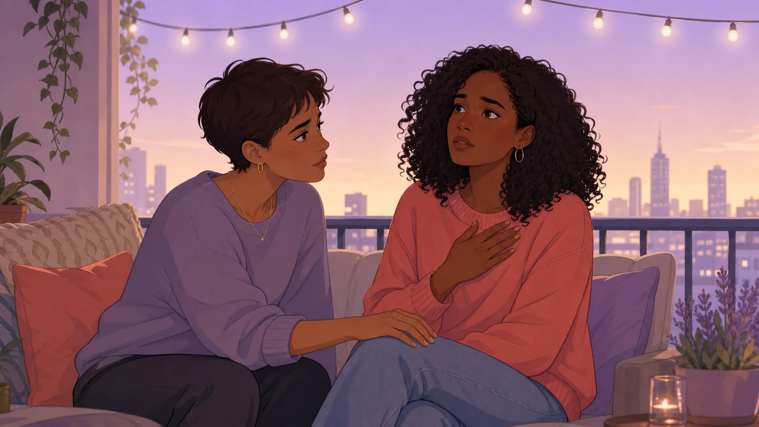 A couple on a balcony at twilight — the quiet vulnerable moment of asking 'where did this come from?'