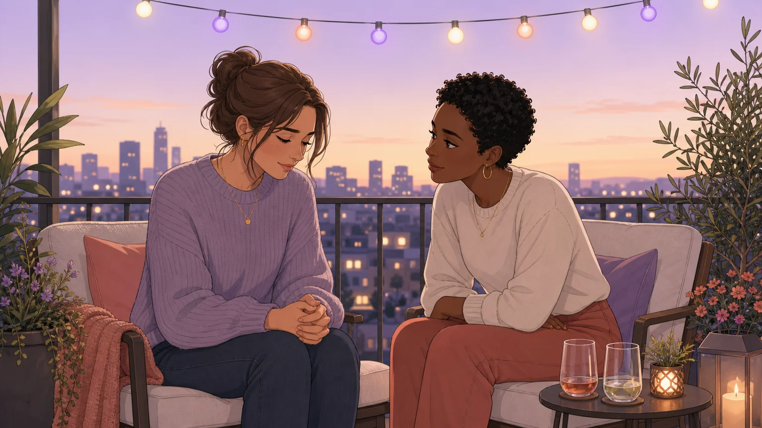 A couple sitting together on a balcony at dusk, sharing a vulnerable conversation with warmth and trust