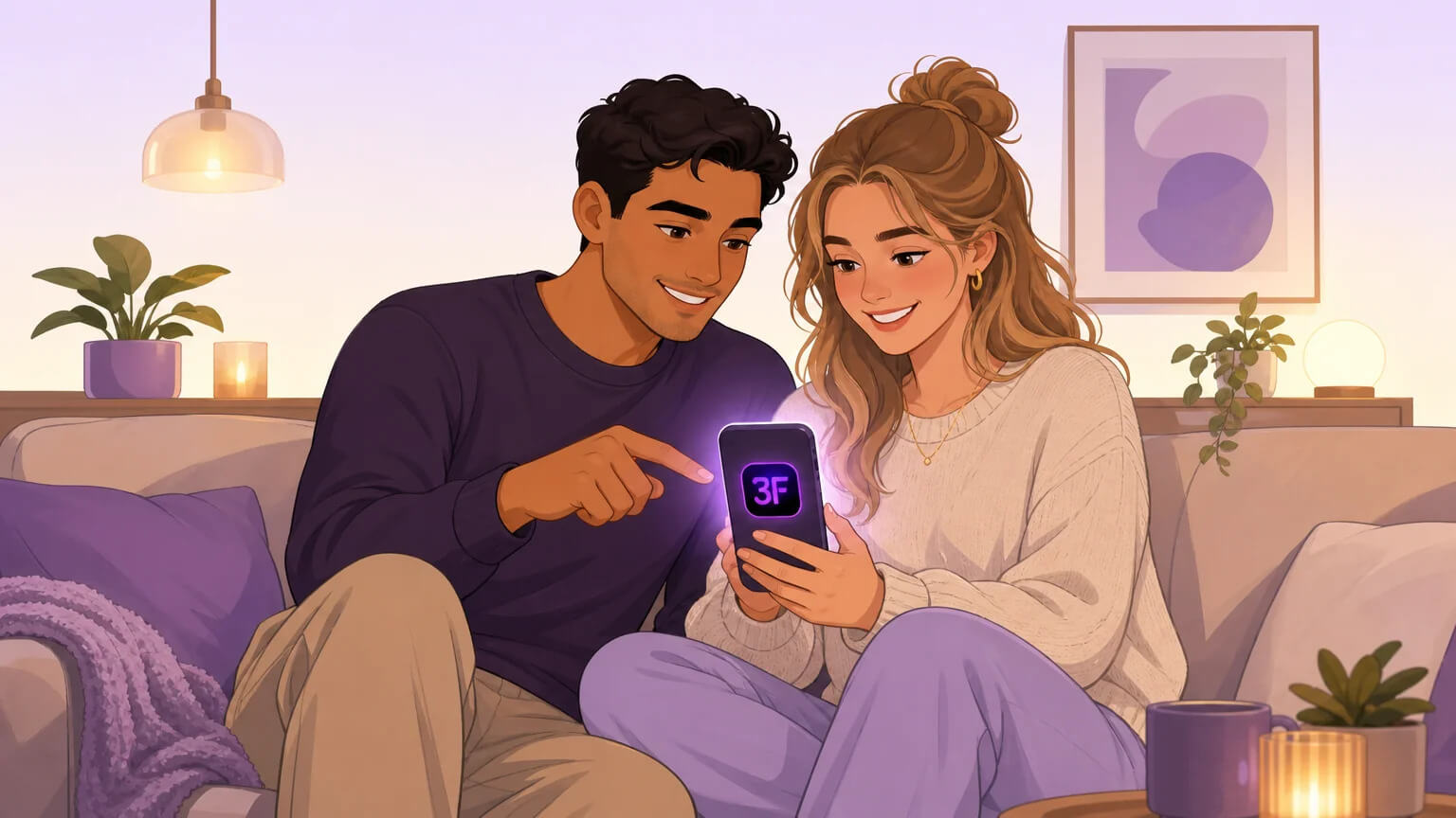 A couple comfortably browsing a dating app together on a couch, sharing a light moment of curiosity and connection