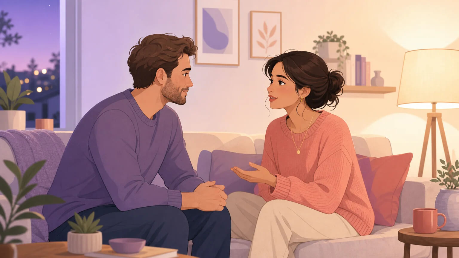 A couple having an intimate late-night conversation on their couch about exploring a lifestyle cruise together