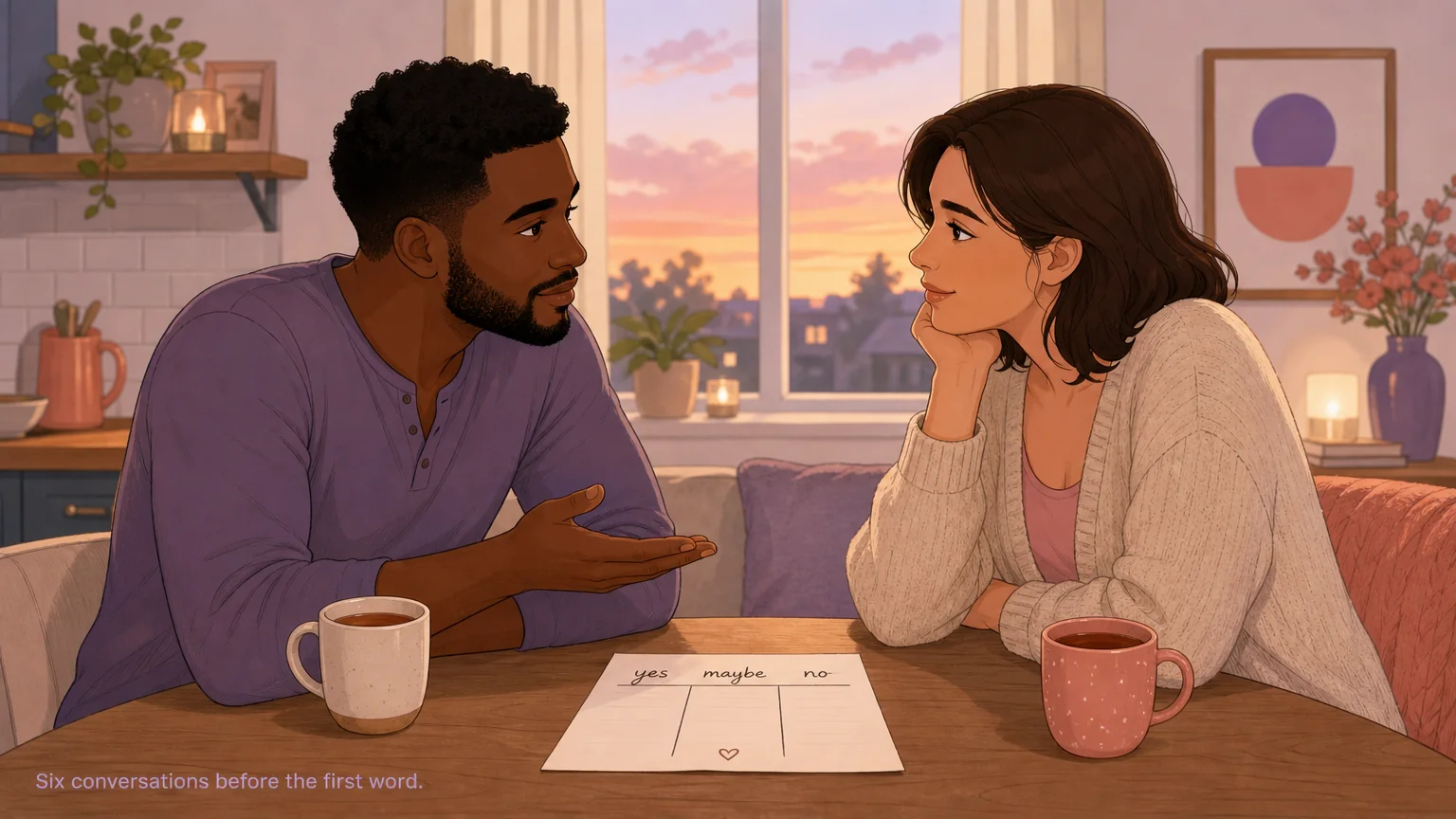 A couple having an intimate negotiation conversation at their kitchen table — the quiet preparation before a scene