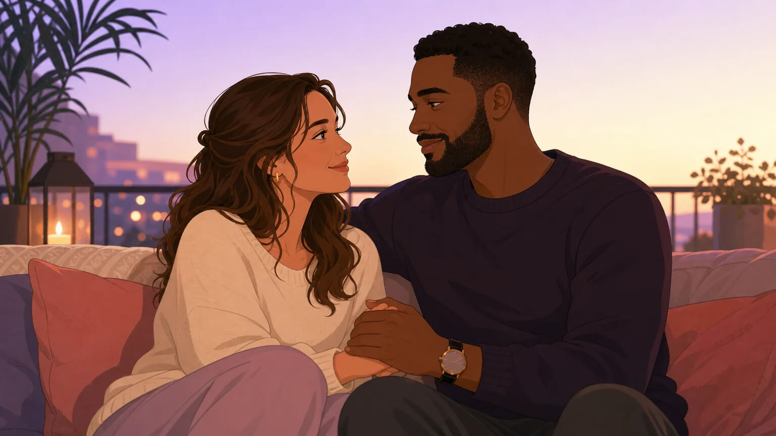 A couple sitting close together on a balcony at evening, reconnecting through quiet conversation — warmth, pride, trust