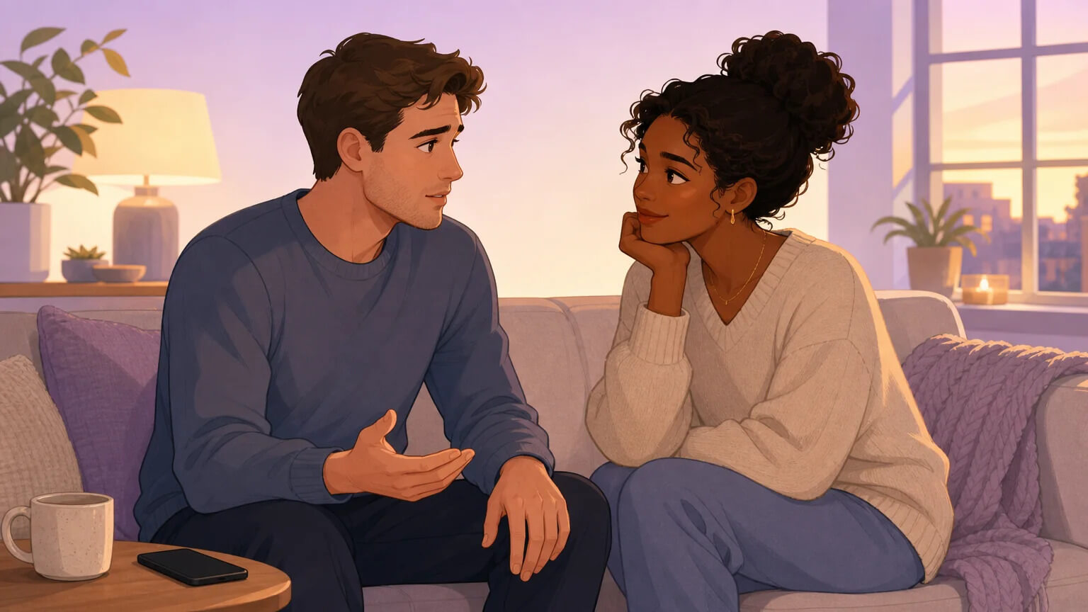 A couple sitting close together on a couch in warm evening light, sharing a vulnerable and intimate conversation