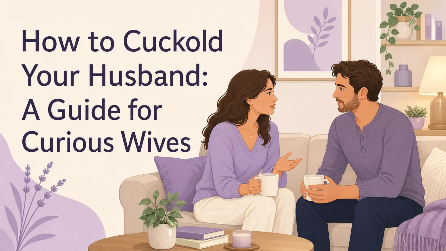 Cover image for How to Cuckold Your Husband guide showing a couple having an intimate conversation on a sofa