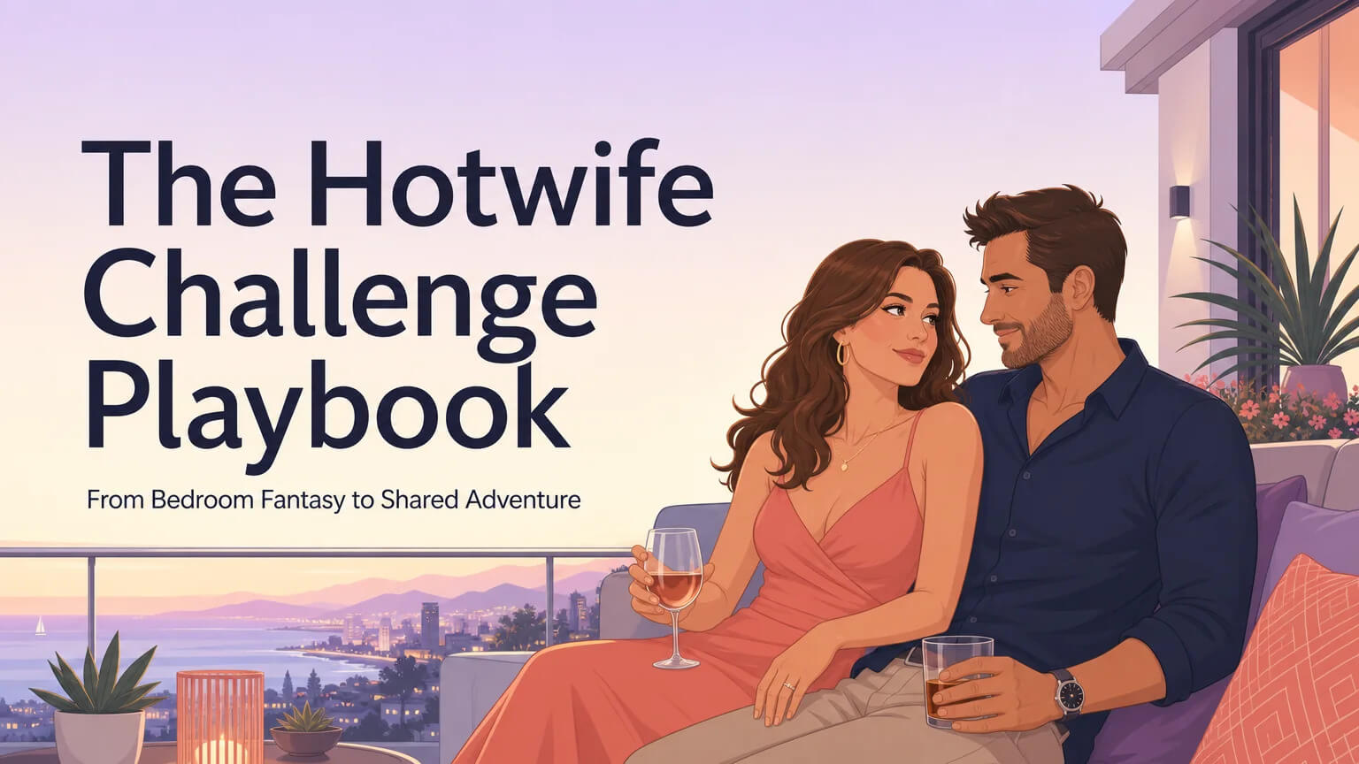 Cover image: a couple sitting together on a balcony at sunset, close and connected, warm pastel gradient background with article title