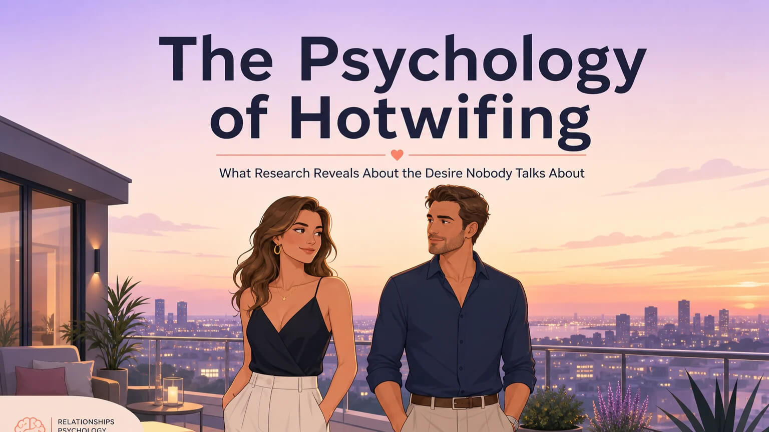 Cover image: a confident couple standing together on a modern balcony at sunset, warm pastel gradient background with article title