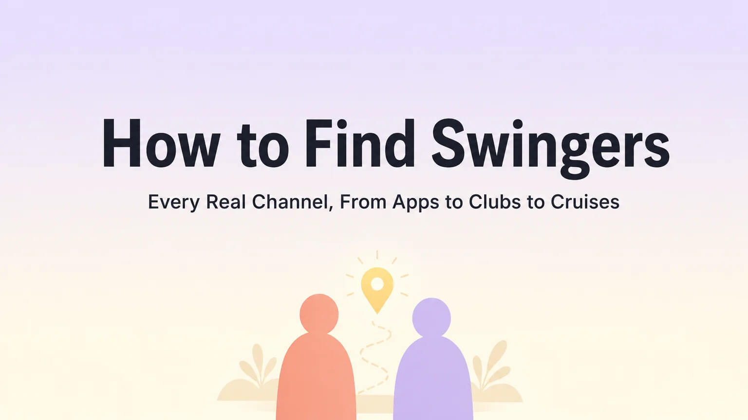 How to Find Swingers cover image with couple looking at phone, surrounded by floating icons of clubs, cruises, pineapples, and dating apps
