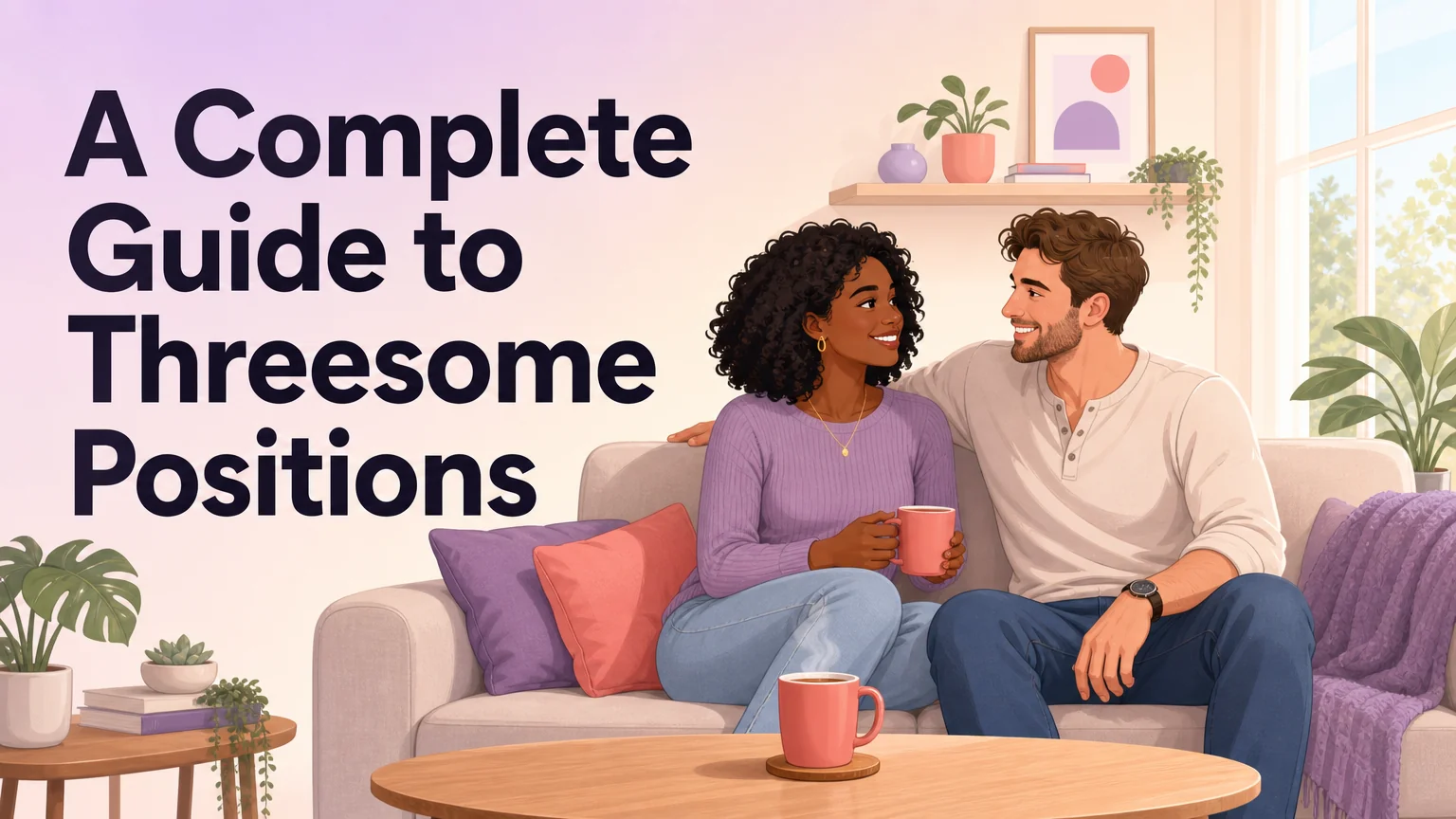 Two people sitting close together on a modern sofa in warm daylight, a third coffee cup waiting on the table
