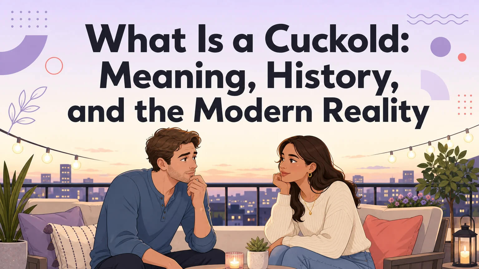 Cover image for What Is a Cuckold article, showing a couple in an intimate balcony conversation at dusk