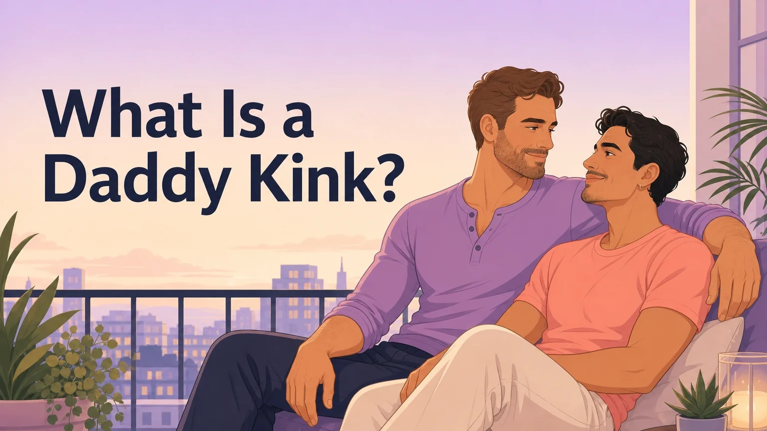 Cover image: two adults on a balcony at twilight, warm and trusting connection, with the title "What Is a Daddy Kink?"