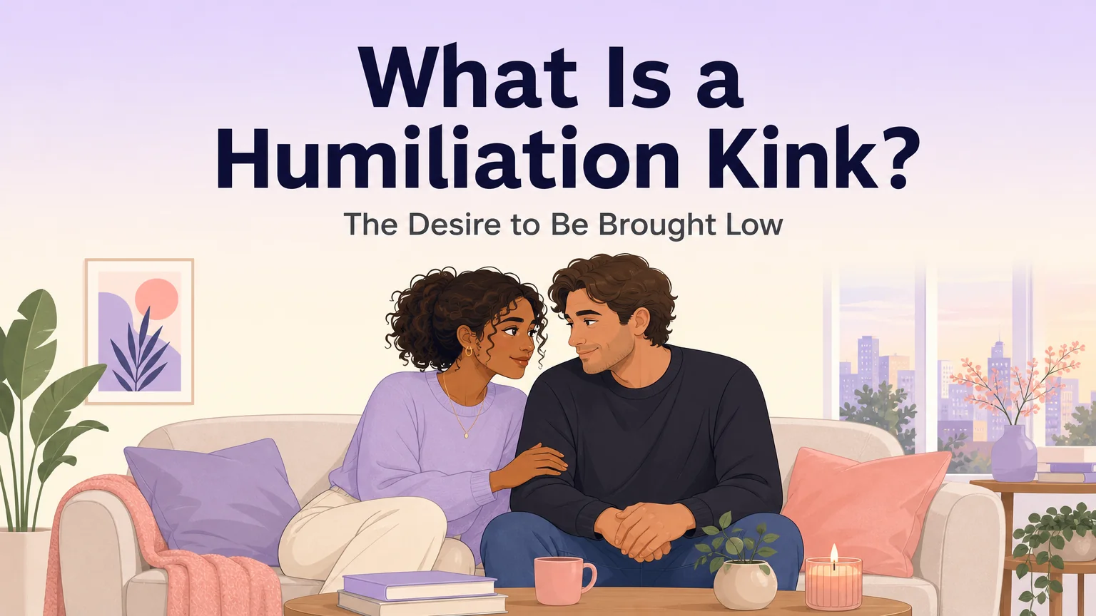 Cover image for What Is a Humiliation Kink article — two characters in an intimate, trusting conversation on a modern sofa at dusk