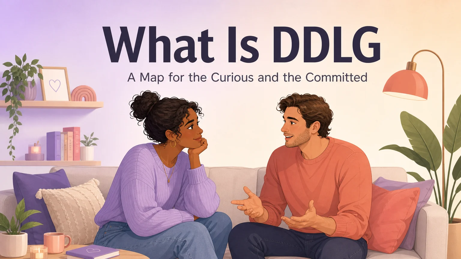 DDLG article cover illustration showing two adults having an intimate conversation on a sofa in a warm pastel room