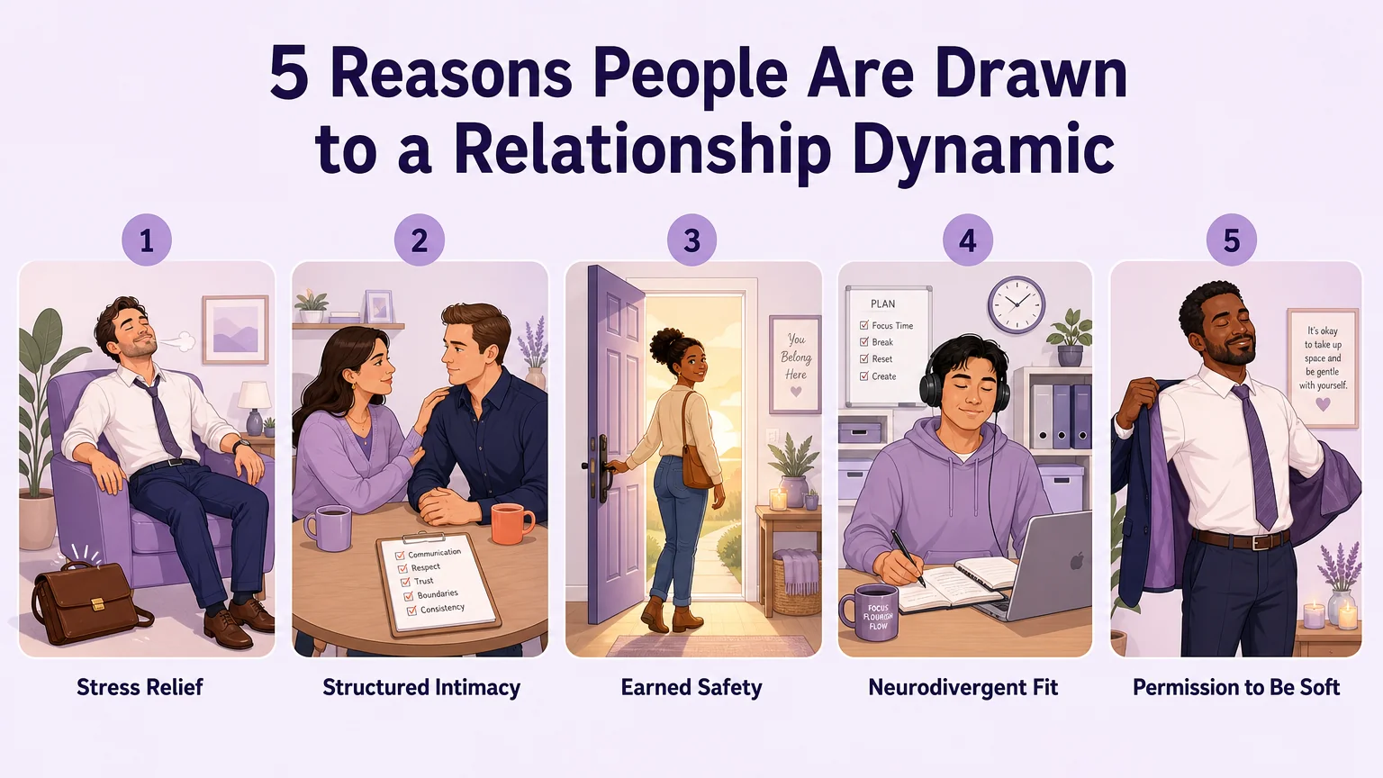 Five reasons people are drawn to DDLG: stress relief, structured intimacy, earned safety, neurodivergent fit, and permission to be soft